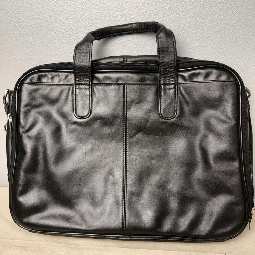 Kenneth Cole Reaction Black Leather Briefcase Laptop Messenger Bag Mens Womens